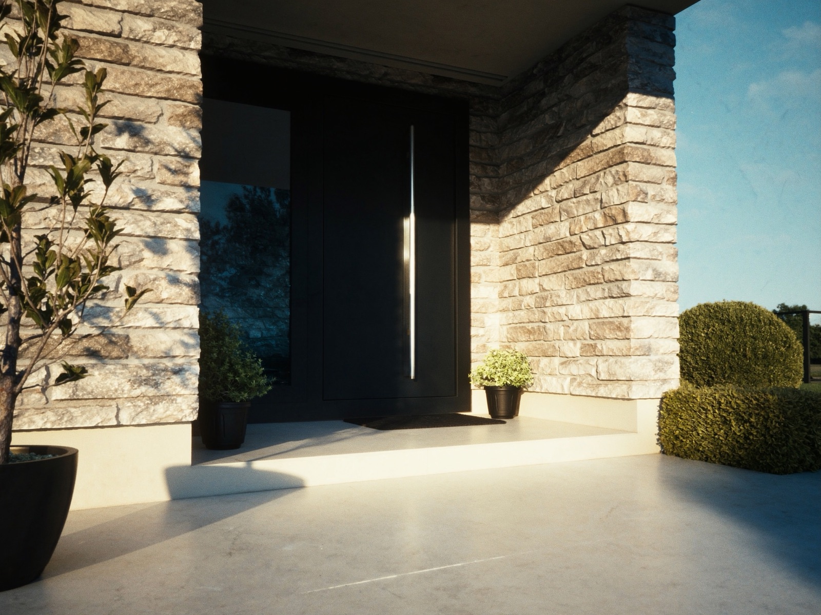 Porte d'entrée aluminium noire avec poignée verticale inox